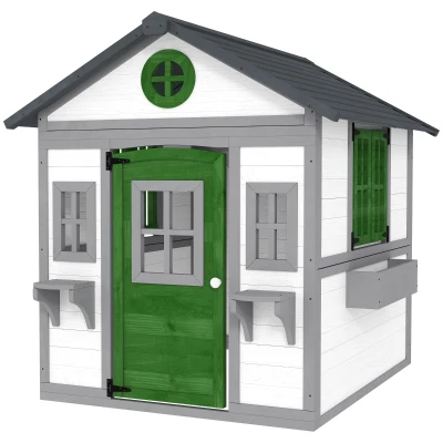 Outsunny Wooden Playhouse for Kids Outdoor with Door, Windows, Planter Pots and Boxes for Toddlers 3-8 Years, White