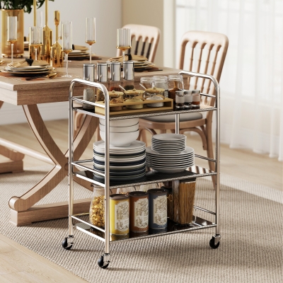 HOMCOM 3 Tier Stainless Steel Rolling Cart with Adjustable Shelf, Utility Cart on Wheels with Handles for Kitchen, Silver