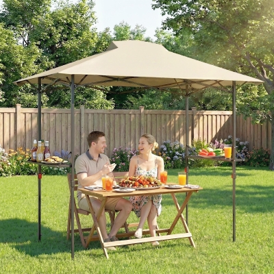 Outsunny 5 x 8.5 ft Pop Up Grill Gazebo with 2 Shelves, UPF 50+ Outdoor Instant Canopy Portable Shelter with Carry Bag, Khaki