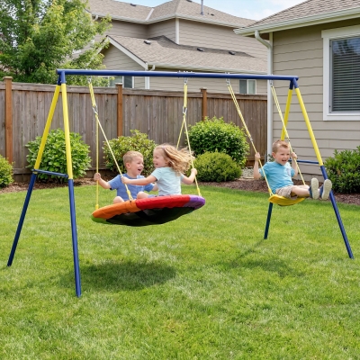 Qaba Kids Swing Set with Double Swings, Outdoor Playset with Adjustable Ropes, Metal Frame for Ages 3-8, 150kg Capacity