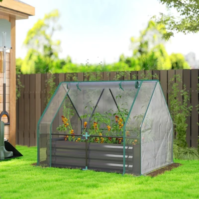 Outsunny 4x3 Raised Garden Bed with Mini Greenhouse Cover, Gray