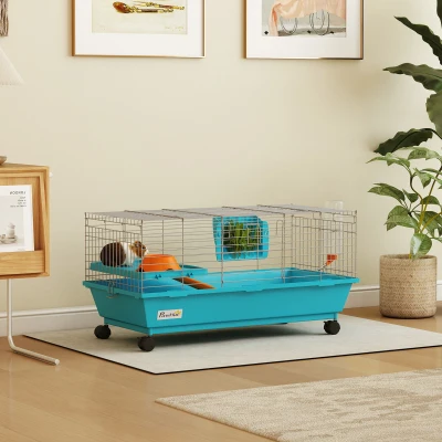 PawHut 35" Rolling Bunny & Guinea Pig Cage with Wheels, Blue