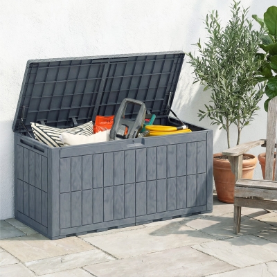 Outsunny 100 Gallon Resin Deck Box, Waterproof Lockable Outdoor Storage Box with Pneumatic Gas Rods, Side Handles