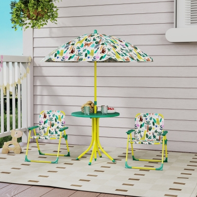 Qaba Kids Picnic Table, Kids Table and Chair Set with 2 Folding Chairs and Umbrella for Backyard, Garden, Patio, Green