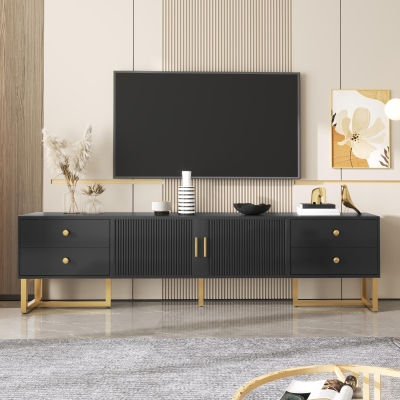 Modern TV Cabinet with Textured Doors, 4 Drawers & 2 Cabinets, Solid TV Stand with Metal Handles and Legs, 69'' L x 12'' W x 17.5'' H, Black
