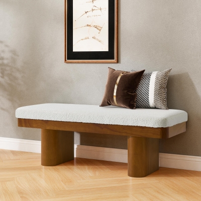 End-of-Bed Bench with Velvet Upholstery and High‑Density Foam Seat, Modern Ottoman with Rubberwood Legs, 47'' L x 17'' W x 17'' H, Walnut