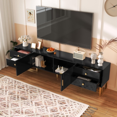Modern TV Cabinet with Textured Doors, 4 Drawers & 2 Cabinets, Solid TV Stand with Metal Handles and Legs, 69'' L x 12'' W x 17.5'' H, Black