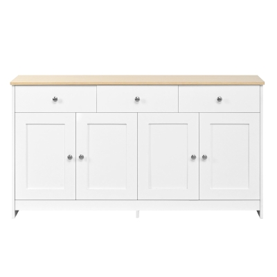 Modern Sideboard Buffet Cabinet with 3 Drawers and 4 Doors, Rustic Storage with Adjustable Shelves, 55'' L x 14.5'' W x 29.5'' H, White+Wood