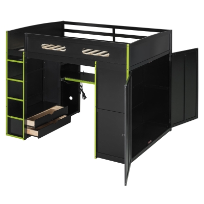 Full Size Wood Loft Bed with Built-In Desk and Gaming Station, Sturdy Bed Frame for Gamers and Multitaskers, 78.5'' L x 56.5'' W x 65'' H, Green