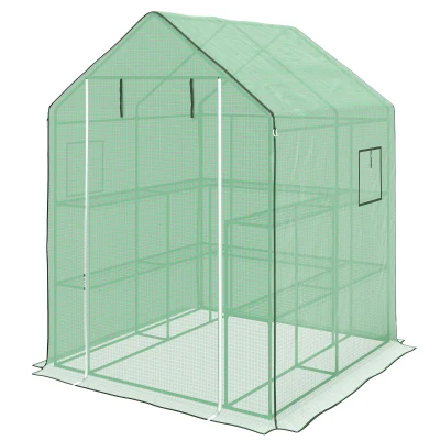 Outsunny Portable Greenhouse, Walk-In Small Outdoor Green House with 2 Tier U-Shaped Flower Rack Shelves, 4.6' x 4.7', Green