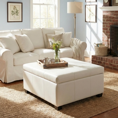 Large Square Ottoman with Upholstered PU Leather and High‑Density Foam, Modern Coffee Table with Storage, 34'' L x 34'' W x 18.5'' H, Beige