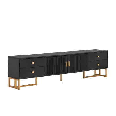 Modern TV Cabinet with Textured Doors, 4 Drawers & 2 Cabinets, Solid TV Stand with Metal Handles and Legs, 69'' L x 12'' W x 17.5'' H, Black