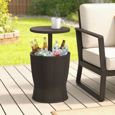 Outsunny 11 Gallon Patio Cooler Side Table, Outdoor Cooler Bar Table with Height Adjustable Top, Drainage Plug, Brown