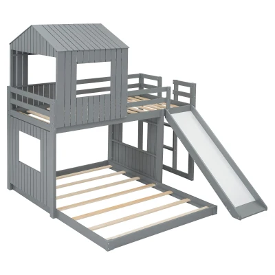 Wooden Twin-Over-Full Bunk Bed with Integrated 3-Step Ladder and Guardrails, Playhouse Loft Bed with Slide, 82'' L x 89'' W x 82.5'' H, Gray