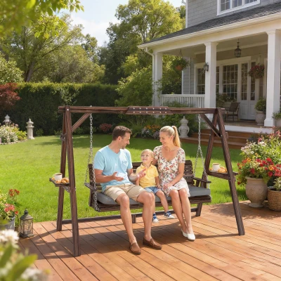 Outsunny 3-Seat Wooden Patio Swing with Stand & Cushion, Brown