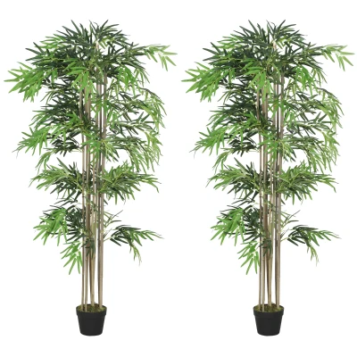 Outsunny 6FT Artificial Bamboo Tree Set of 2, Fake Plant with 1530 Leaves, Greenery Plant in Nursery Pot for Indoor, Green