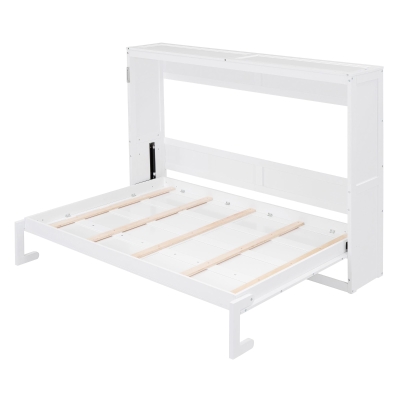 Full Size Murphy Wall Bed with Dual-Piston Folding Mechanism, Fold-Away Cabinet with Slatted Mattress, 77.5'' L x 61.5'' W x 62'' H, White