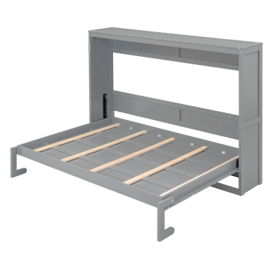 Full Size Murphy Wall Bed with Slatted Mattress Support, Space-Saving Cabinet Bed with Dual-Piston Lift, 77.5'' L x 61.5'' W x 62'' H, Gray