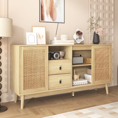 Versatile Sideboard with 3 Sliding Doors and 2 Drawers for Large Storage, Sturdy Cabinet with Solid Wood Legs, 61'' L x 14'' W x 31.5'' H, Wood
