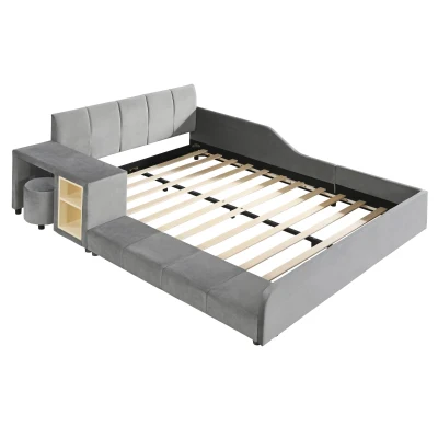 Full Size Upholstered Bed with Built-in Bedside Desk and Round Stool, Solid Bedboard with Plywood & MDF Frame, 80'' L x 68'' W x 29'' H, Gray