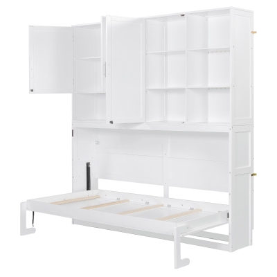 Twin Size Wall Murphy Bed with Built-in Light and Dual-Piston Lift, Space-Saving Foldable Bed with Top Cabinet, 83'' L x 15.5'' W x 90.5'' H, White