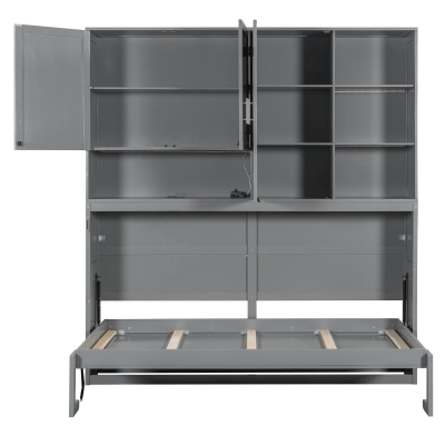 Twin-Size Wall Murphy Bed with Integrated Storage, Flexible Slat, Foldaway Bed with Dual-Piston Mechanism, 83'' L x 15.5'' W x 90.5'' H, Gray
