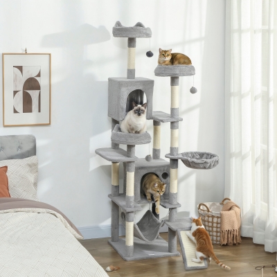 PawHut 76" Large Cat Tree for Indoor Cats with 8 Scratching Posts, 3 Plush Beds, 2 Hammocks, 2 Large Condos, Ramp, Light Grey