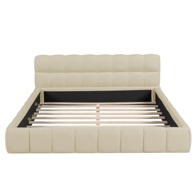 Queen Size Upholstered Bed with MDF & Particleboard Frame, Low-Profile Grounded Bed with Wooden Slats, 87.5'' L x 66.5'' W x 23.5'' H, Beige