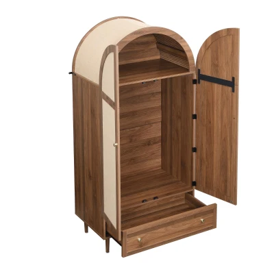 Elegant Wardrobe with Fabric Doors and Drawer, Solid Wooden Legs, Modern Clothes Cabinet with Wide Rail, 31'' L x 19.5'' W x 69'' H, Walnut