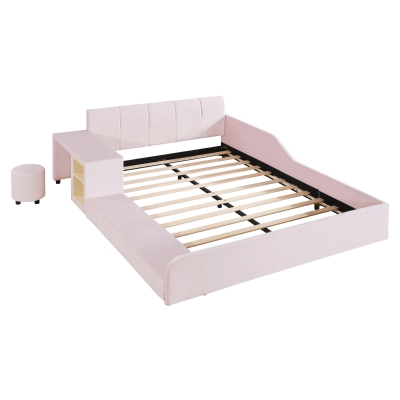 Full Size Upholstered Bed with Built-in Bedside Desk and Round Stool, Solid Bedboard with Plywood & MDF Frame, 80'' L x 68'' W x 29'' H, Pink