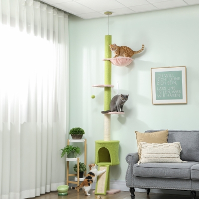 PawHut 87"-94.5" Floor to Ceiling Cat Tree with Sisal Scratching Post, Condo, Hammock, Ramp, Perches, Green