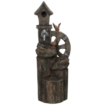 Outsunny 2-in-1 Outdoor Water Fountain with Birdhouse, Outdoor Waterfall, 13.6" L x 11.6" W x 36.2" H Mixed Colour