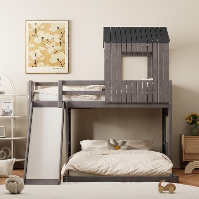 Wooden Twin-Over-Full Bunk Bed with Built-in 3-step Ladder and Guardrails, Playhouse Loft Bed with Slide, 82'' L x 89'' W x 82.5'' H, Antique Gray