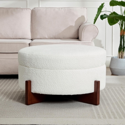 Round Storage Ottoman with Storage and Wood Legs, Versatile Coffee Table with Tufted Upholstered Top, 32'' L x 32'' W x 18'' H, Soft White