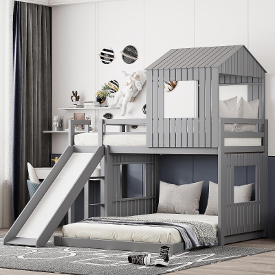 Wooden Twin-Over-Full Bunk Bed with Integrated 3-Step Ladder and Guardrails, Playhouse Loft Bed with Slide, 82'' L x 89'' W x 82.5'' H, Gray