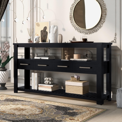Large Entryway Console with 4 Drawers and 3-Tier Shelves, Sturdy Table with Metal Handlesand Adjustable Feet, 62'' L x 14'' W x 32'' H, Black