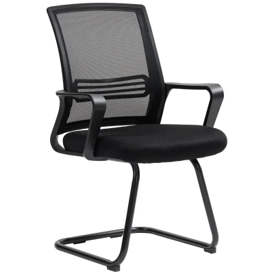 HOMCOM Ergonomic Desk Chair No Wheels, Padded Mesh Office Reception Chair with Sled Base, Black