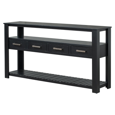 Large Entryway Console with 4 Drawers and 3-Tier Shelves, Sturdy Table with Metal Handlesand Adjustable Feet, 62'' L x 14'' W x 32'' H, Black