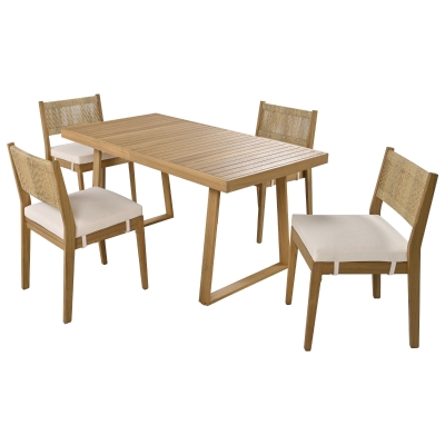 Outdoor Dining Set with HDPE Chair Backs and Foam Cushions, Multi-Person Patio Set for Balcony and Garden, 63'' L x 31.5'' W x 32.5'' H, Beige