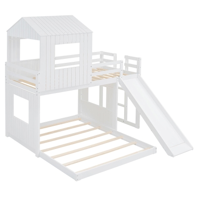 Twin-Over-Full Playhouse Bunk Bed Loft with Slide and 3-Step Ladder, Farmhouse Bed Frame with Guardrails, 82'' L x 89'' W x 82.5'' H, White