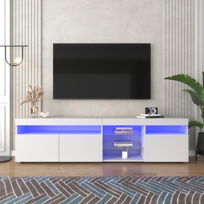 Modern TV Cabinet with 3-Door Storage and Internal Shelves, Elegant Media Console with USB LED Lighting, 71'' L x 13.5'' W x 19'' H, White