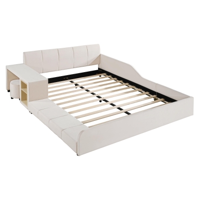 Queen Size Upholstered Bed with Built-In Bedside Desk and Round Stool, Solid Bedboard with Sturdy MDF Frame, 85'' L x 73'' W x 29'' H, Beige