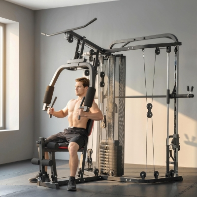 Soozier Home Multi Gym Smith Machine with 143LBS Weight Stack, Cable Pulley System, Chest Station, Preacher Pad, Leg Developer