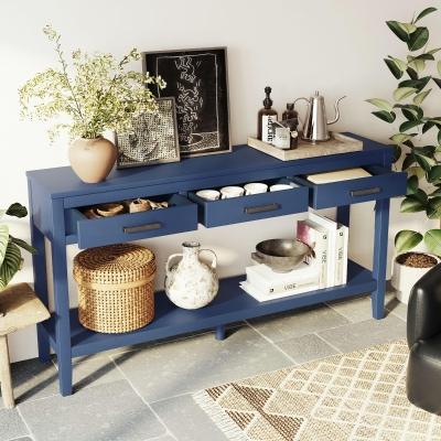 Farmhouse Entryway Table with Wide Top and Open Bottom Shelf, Minimalist Console with Adjustable Feet, 59'' L x 14'' W x 31.5'' H, Navy Blue
