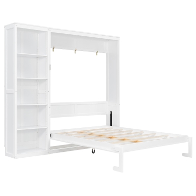 Queen Size Murphy Wall Bed with Reversible Shelf and Flexible Slat, Fold-Away Cabinet with 5-Tier Storage, 94'' L x 82'' W x 88.5'' H, White