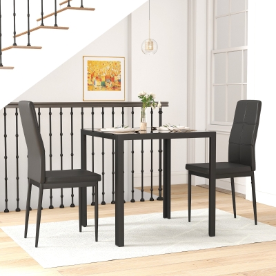 HOMCOM 3-Piece Rectangular Glass Kitchen Table and Chairs with Metal Frame and Faux Leather Upholstery for Dining Room, Black