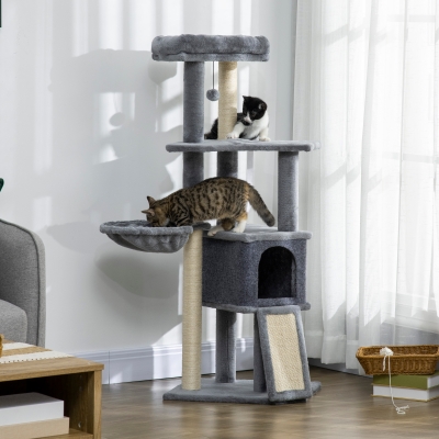 PawHut 50 Inch Cat Tree, Multi-Level Cat Tower with Sisal Scratching Posts and Ramp, Bed, Condo, Hammock, Toy Ball, Grey