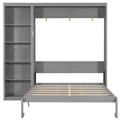 Queen Size Murphy Wall Bed with Dual Piston Mechanism and Shelves, Fold-Away Bed with Flexible Slat, 94'' L x 82'' W x 88.5'' H, Gray
