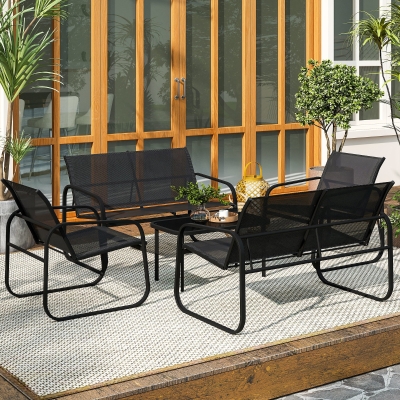 Outsunny 4 Piece Patio Furniture Set, Outdoor Conversation Set with 2 Loveseats, 2 Armchairs, Glass-Top Table, Black