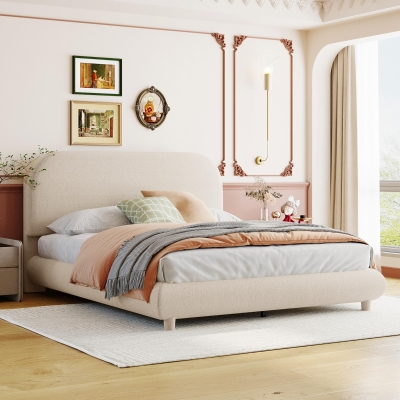 Full Size Upholstered Bed with Curved Headboard and Footboard, Sturdy Bedboard with Plywood & MDF Frame, 80.5'' L x 60'' W x 37'' H, Beige